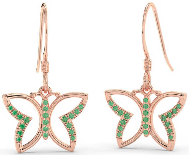 Emerald Rose Gold Silver Butterfly Dangle Earrings