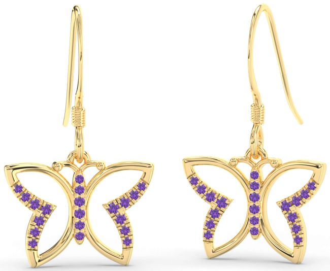 Amethyst Gold Silver Butterfly Dangle Earrings