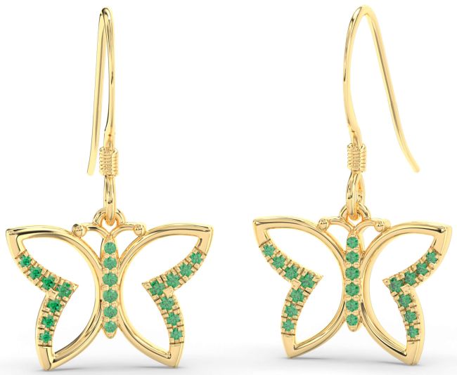 Emerald Gold Silver Butterfly Dangle Earrings