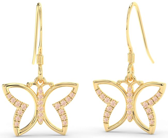 Morganite Gold Silver Butterfly Dangle Earrings