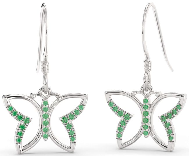 Emerald Platinum Butterfly Dangle Earrings