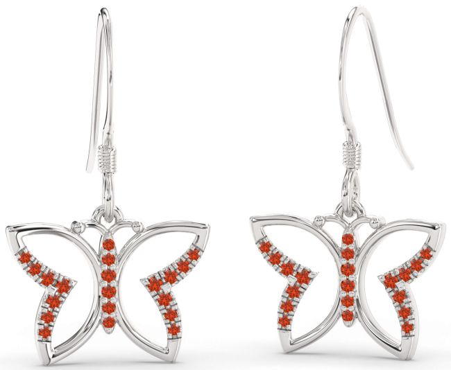 Fire Opal Silver Butterfly Dangle Earrings