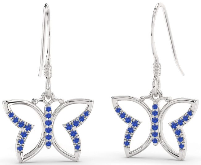 Blue Sapphire Silver Butterfly Dangle Earrings
