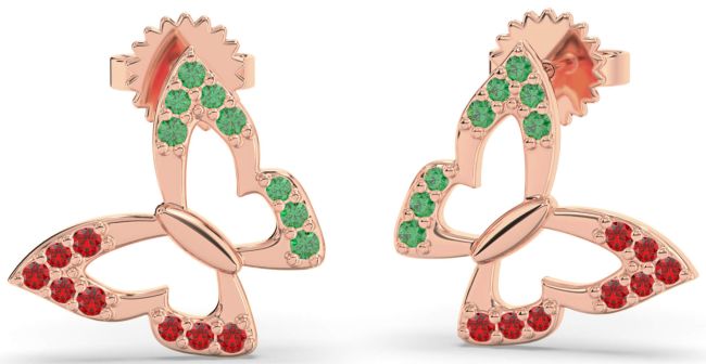 Emerald & Ruby Rose Gold Butterfly Dangle Earrings