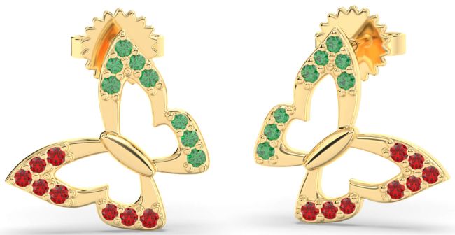 Emerald & Ruby Gold Butterfly Dangle Earrings