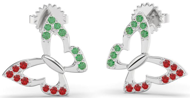 Emerald & Ruby Platinum Butterfly Dangle Earrings