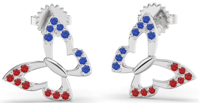 Blue Sapphire & Ruby Platinum Butterfly Dangle Earrings