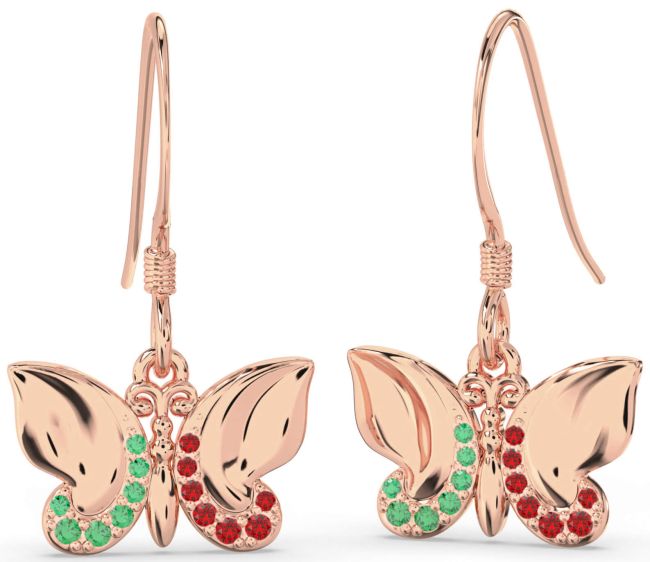 Emerald & Ruby Rose Gold Butterfly Dangle Earrings