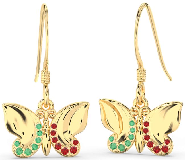 Emerald & Ruby Gold Butterfly Dangle Earrings