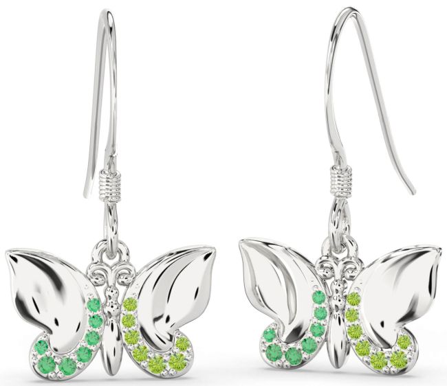 Emerald & Peridot Platinum Butterfly Dangle Earrings