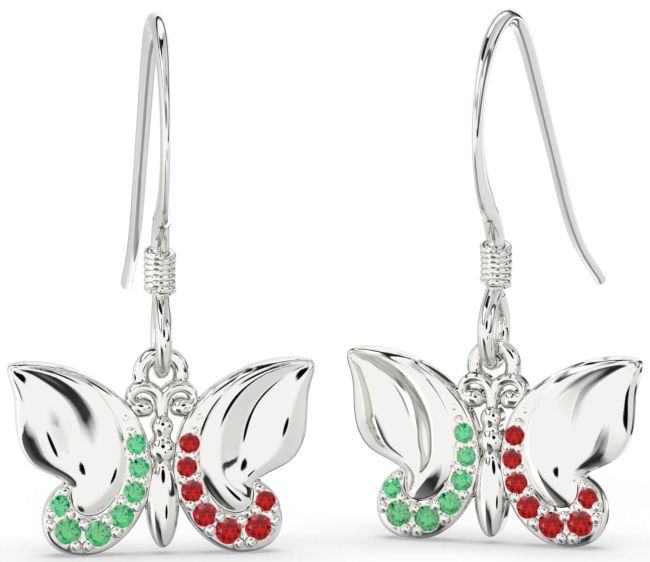 Emerald & Ruby Platinum Butterfly Dangle Earrings