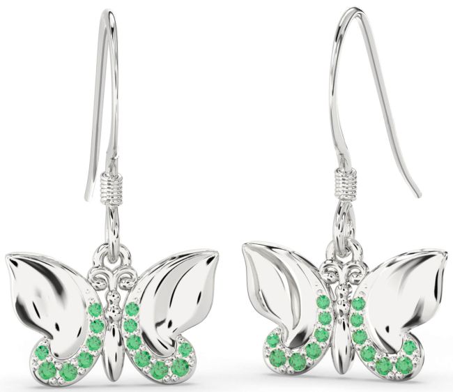 Emerald Platinum Butterfly Dangle Earrings