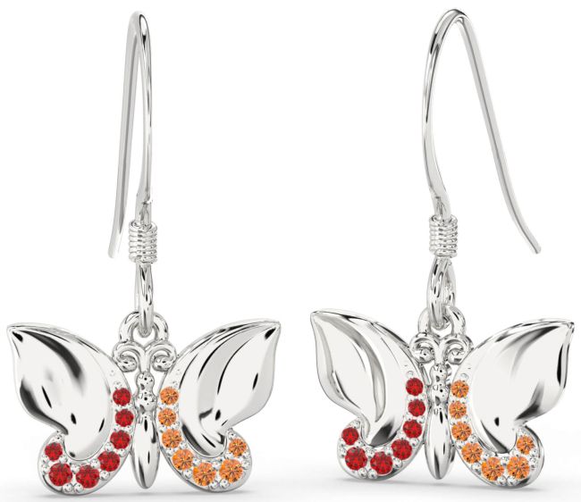 Ruby & Citrine Platinum Butterfly Dangle Earrings