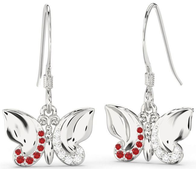 Diamond & Ruby Platinum Butterfly Dangle Earrings