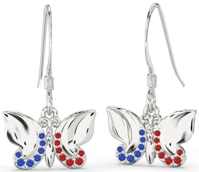 Blue Sapphire & Ruby Platinum Butterfly Dangle Earrings