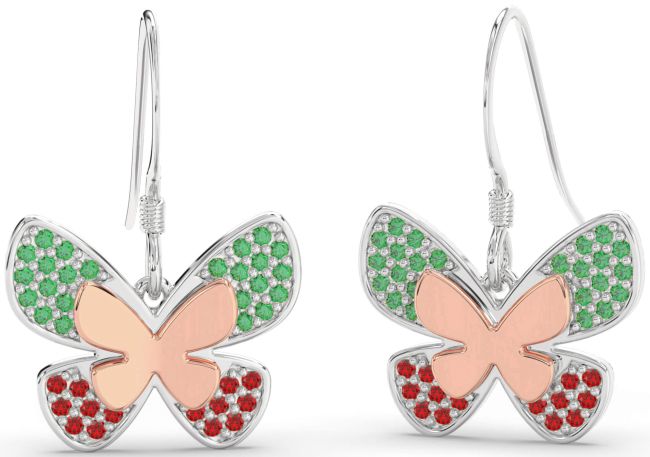 Emerald & Ruby Silver & 10K Rose Gold Butterfly Dangle Earrings