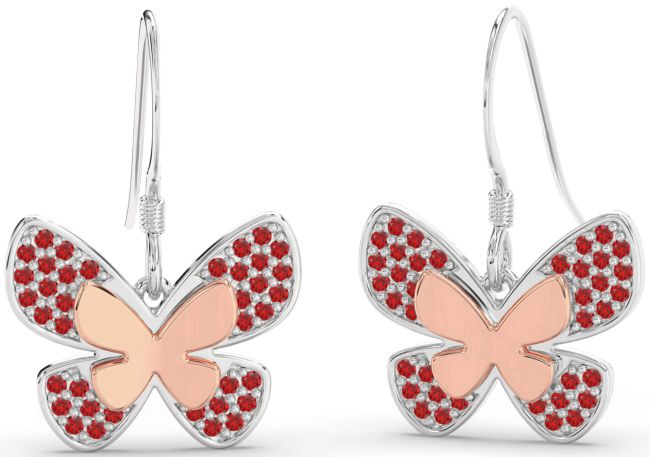 Ruby Platinum & Rose Gold Butterfly Dangle Earrings
