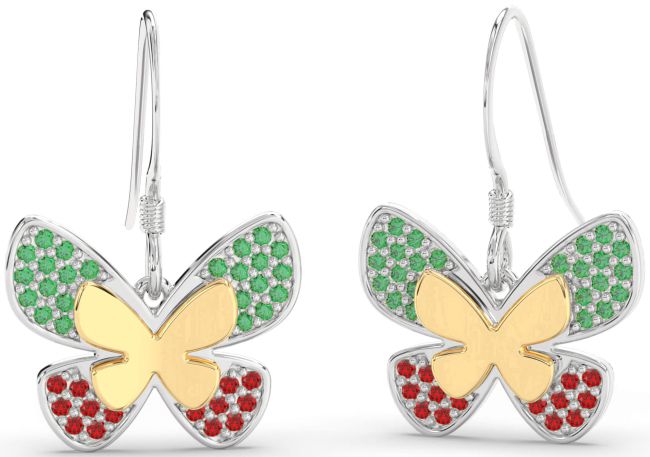 Emerald & Ruby Silver & 10K gold Butterfly Dangle Earrings