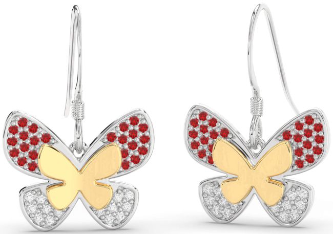 Diamond & Ruby Silver & 10K gold Butterfly Dangle Earrings