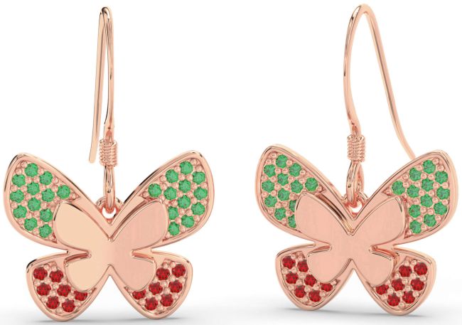 Emerald & Ruby Rose Gold Butterfly Dangle Earrings