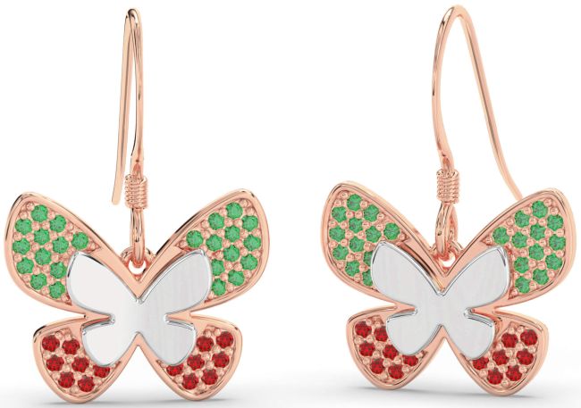 Emerald & Ruby White Rose Gold Butterfly Dangle Earrings