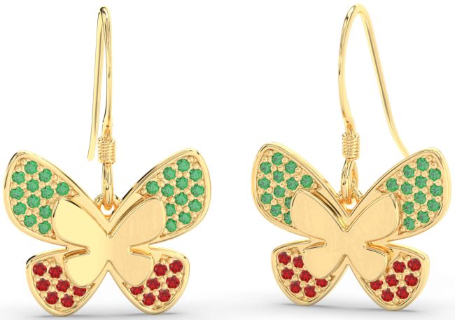 Emerald & Ruby Gold Butterfly Dangle Earrings