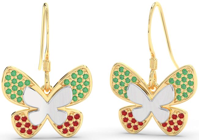 Emerald & Ruby Platinum & Yellow Gold Butterfly Dangle Earrings