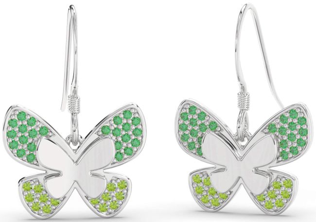 Emerald & Peridot Platinum Butterfly Dangle Earrings
