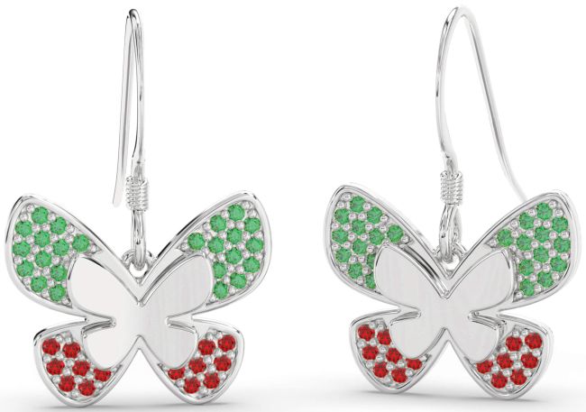 Emerald & Ruby White Gold Butterfly Dangle Earrings