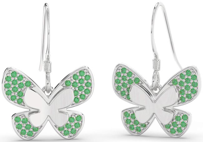 Emerald Platinum Butterfly Dangle Earrings