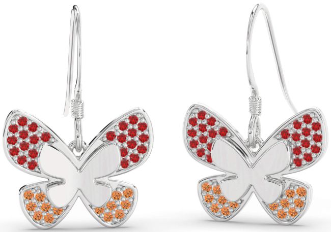 Ruby & Citrine Platinum Butterfly Dangle Earrings