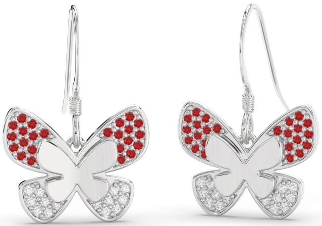 Diamond & Ruby Platinum Butterfly Dangle Earrings