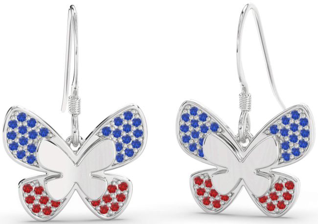 Blue Sapphire & Ruby Platinum Butterfly Dangle Earrings