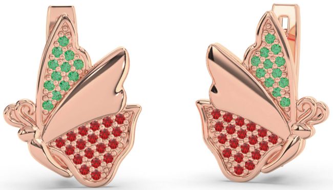 Emerald & Ruby Rose Gold Butterfly Stud Earrings