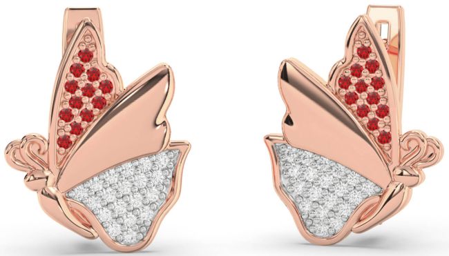 Diamond & Ruby Rose Gold Silver Butterfly Stud Earrings