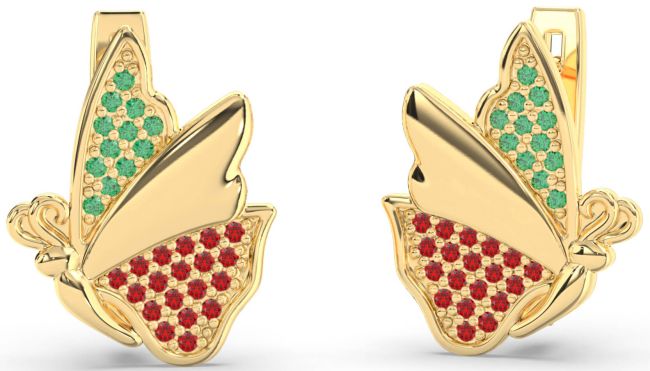 Emerald & Ruby Gold Butterfly Stud Earrings