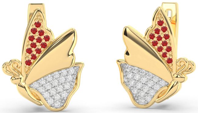 Diamond & Ruby Gold Silver Butterfly Stud Earrings