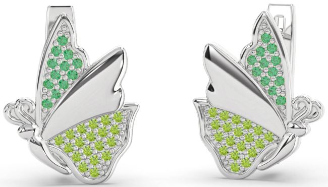 Emerald & Peridot Platinum Butterfly Stud Earrings