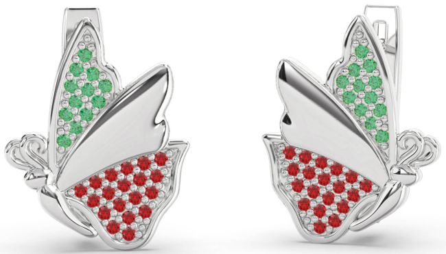 Emerald & Ruby Platinum Butterfly Stud Earrings