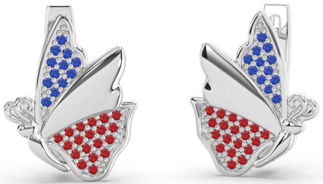 Blue Sapphire & Ruby Platinum Butterfly Stud Earrings