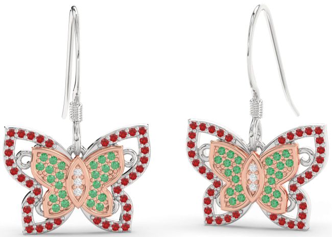 Diamond Emerald & Ruby Silver & 10K Rose Gold Butterfly Dangle Earrings