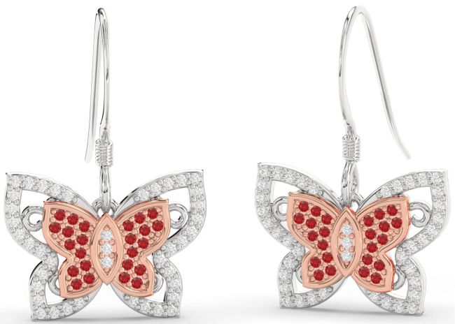 Diamond & Ruby White Rose Gold Butterfly Dangle Earrings
