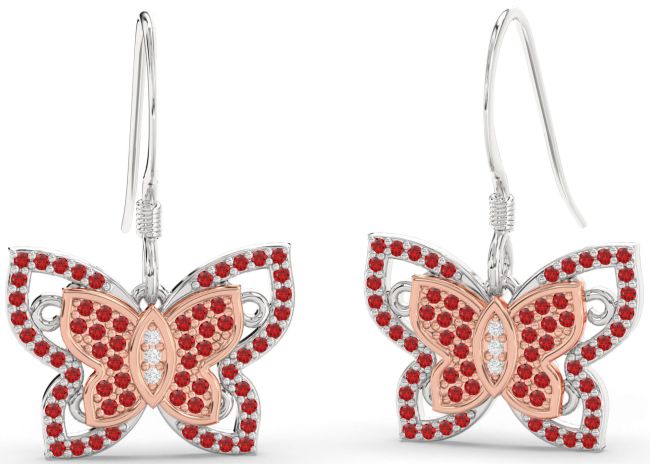 Diamond Ruby Rose Gold Silver Butterfly Dangle Earrings