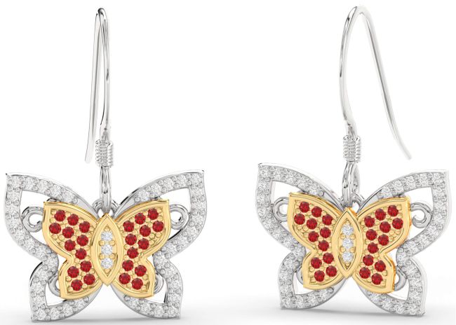 Diamond & Ruby Silver & 10K gold Butterfly Dangle Earrings