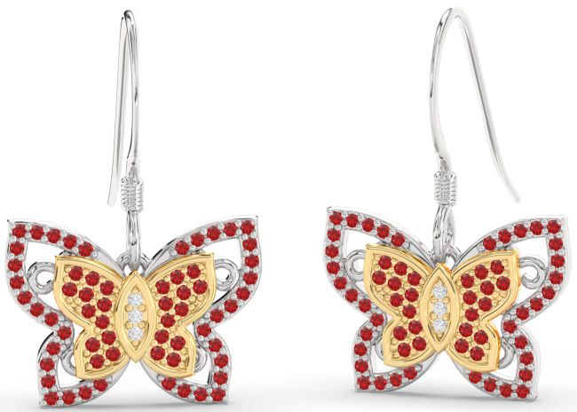 Diamond Ruby Platinum & Yellow Gold Butterfly Dangle Earrings