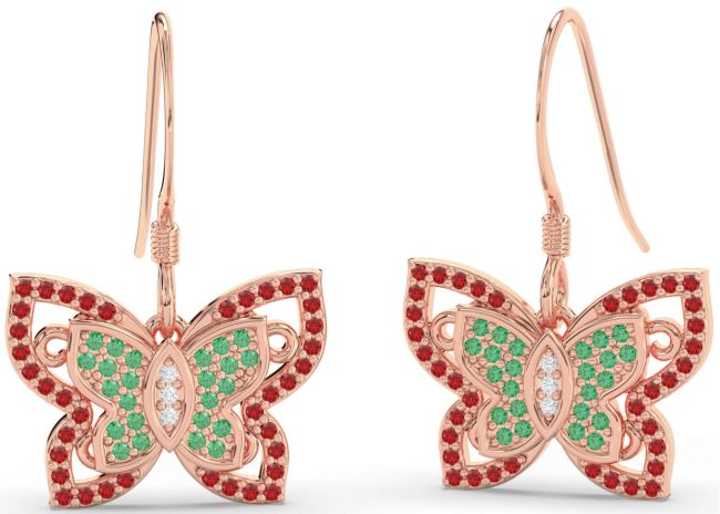 Diamond Emerald & Ruby Rose Gold Butterfly Dangle Earrings