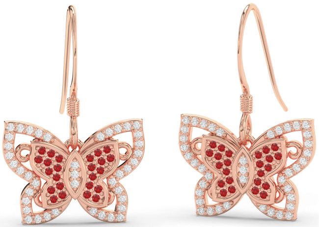 Diamond & Ruby Rose Gold Silver Butterfly Dangle Earrings