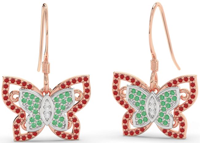 Diamond Emerald & Ruby Rose Gold Silver Butterfly Dangle Earrings