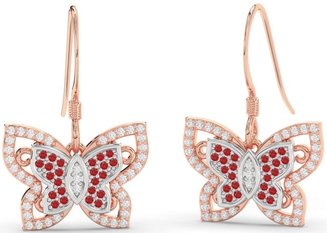 Diamond & Ruby Rose Gold Silver Butterfly Dangle Earrings
