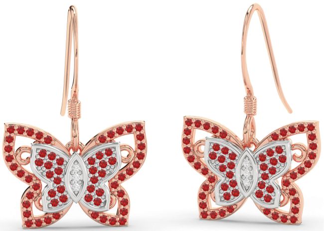 Diamond Ruby White Rose Gold Butterfly Dangle Earrings